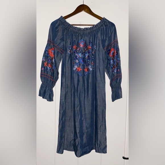 Philosophy Chambray Embroidered Floral Peasant Mini Dress‎ Women S Boho Pullover - Picture 7 of 8